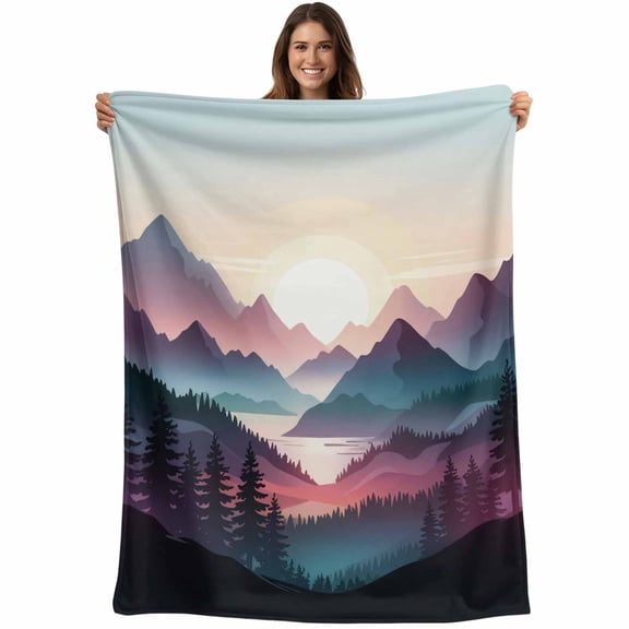Abstract Landscape Mountain Sunrise Throw Blankets, Blue Forest Tree River Soft Fleece Blanket Decorative for Home Sofa Couch Chair Living Bedroom, 30x40 Inches,