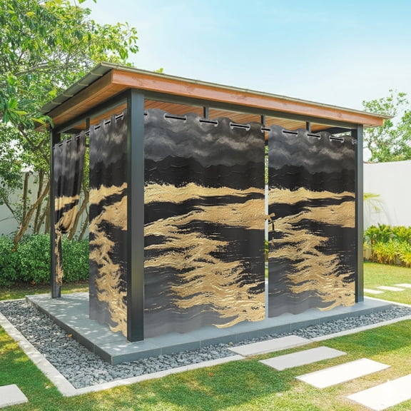Abstract Landscape Outdoor Curtains for Patio, Black Mountains Gold River Valley Sunshade Privacy Drapes Grommet Waterproof Outside Curtains for Porch/Cabana/Balcony 54"x 108", 2 Panel