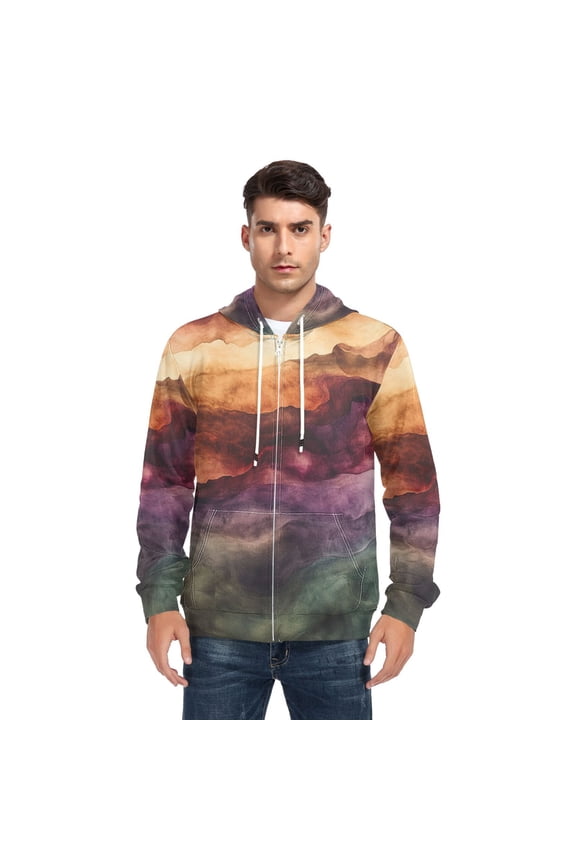 Abstract Landscape Painting Men’s Hoodies Sweatshirt with Full Zip Pockets Fleece Jackets
