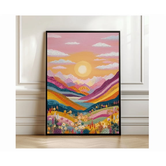 Abstract Landscape Paintingcolorful Mountain Meadow Wall Art Vibrant Sunset Nature Poster Impressionist Floral Poster