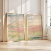 Abstract Landscape Pastel Art Blush and Green SunSky Calming Living Room Set 2 Stretched Canvas 16x24