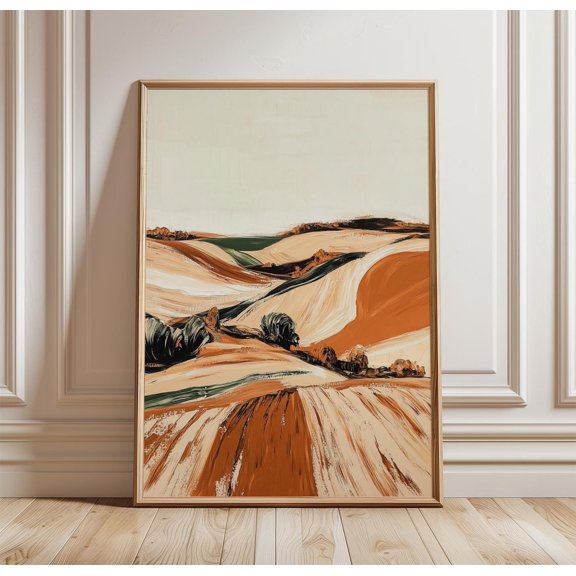 Abstract Landscape Poster | Countryside Fields Wall Art | Modern Rural Painting Print | Neutral Earth Tone Decor, Poster Only