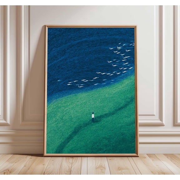 Abstract Landscape Poster Modern Nature Art Minimalist Ocean Grass, Unframed Poster