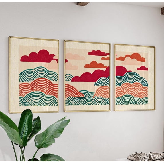 Abstract Landscape Red Green Wave Modern Triptych Decor Art Set 3 ...