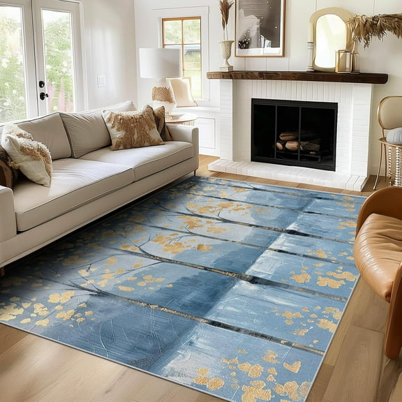 Abstract Landscape Rug Washable Tree Mountain Rugs For Living Room Bedroom, Blue White Gold Area Rug For Home Decor, Non Slip Backing Floor Carpet 5x7ft