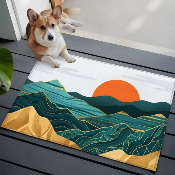 Abstract Landscape Small Area Rugs 2x3 Mountain Peaks Hills Sun Boho Entryway Rugs Washable Door Mat, Low-Profile Area Rugs Non Slip Floor Carpet for Living Room Bedroom Home Office