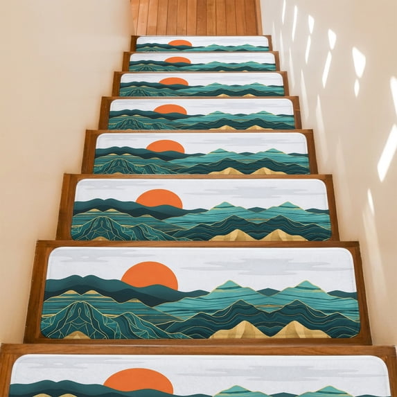 Abstract Landscape Stair Treads Non Slip for Steps Mountain Peaks Hills Sun Boho 4 Pcs Reusable Adhesive Stair Runner Mats for Dogs Elders Carpet Treads Rugs for Staircase 8x30 In