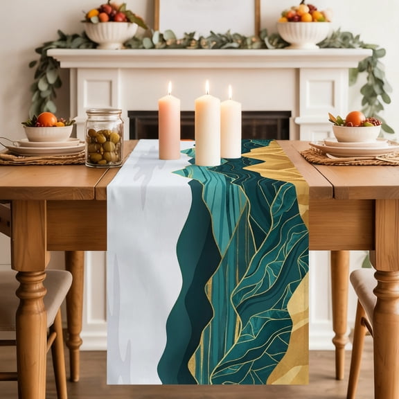 Abstract Landscape Table Runner, Mountain Peaks Hills Sun Boho Washable Cotton-linen Table Runners Dining Kitchen Decoration for Everyday Home Wedding Party Decor, 13 x 36 Inch