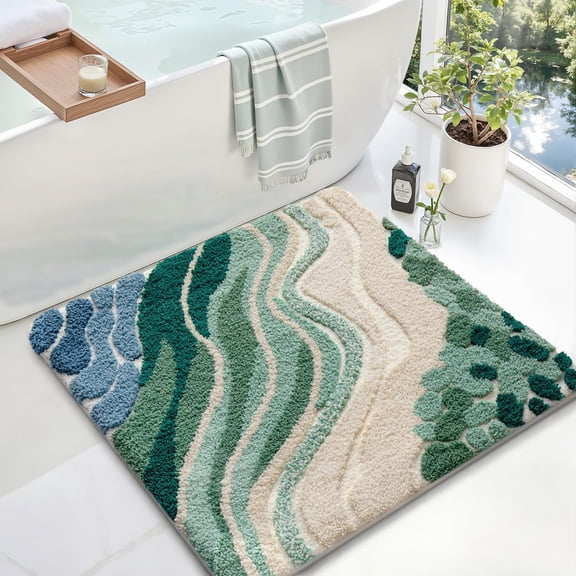 Abstract Landscape Tufted Bath Mat, Green & Blue Nature-Inspired Chenille Bathroom Rug, Non-Slip Absorbent