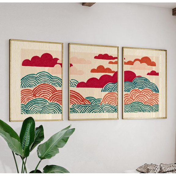 Abstract Landscape Wall Art Print Set Red And Green Wave Posters Modern Triptych Decor Set 3