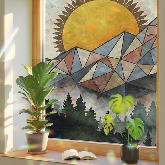 Abstract Landscape Window Privacy Film, Geometric Mountains Sun Bird Forest Stained Glass Rainbow Film Decorative Window Clings, Static Cling Sun Blocking Stickers 19.6" x 39.3"