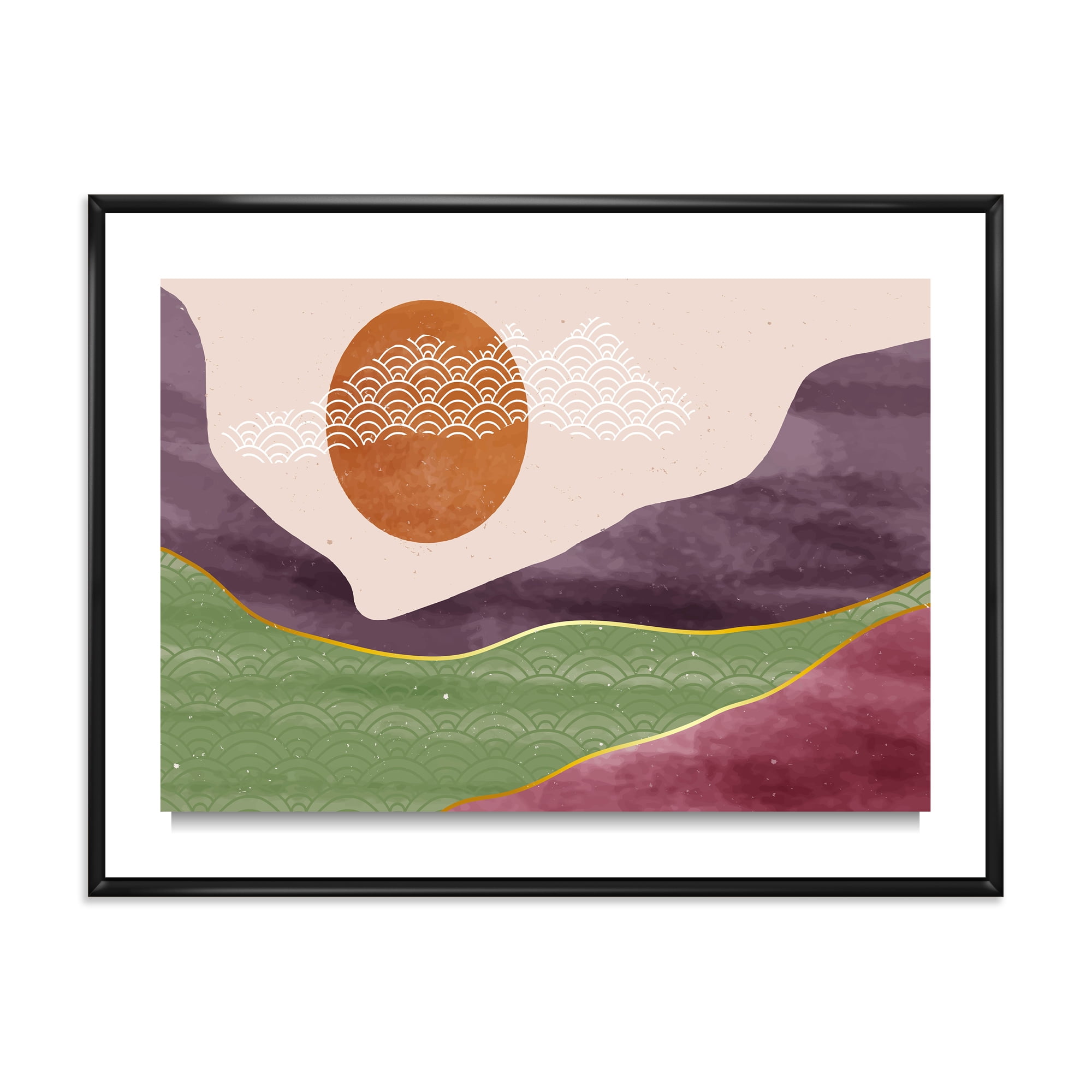 Abstract Landscapes With Mountain River and Moon 40 in x 30 in Framed Painting Canvas Art Print, by Designart