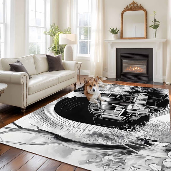 Abstract Large Area Rugs 5x8 ft Black White Trains Tunnels Line Painting Modern Art Washable Rug Non Slip Indoor Carpet Absorbent Floor Mat for Living Room Bedroom Dining Room