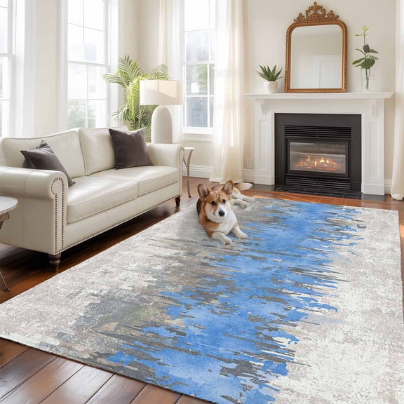 Abstract Large Area Rugs 5x8 ft Blue Grey Graffiti Silhouette Art Modern Painting Washable Rug Non Slip Indoor Carpet Absorbent Floor Mat for Living Room Bedroom Dining Room