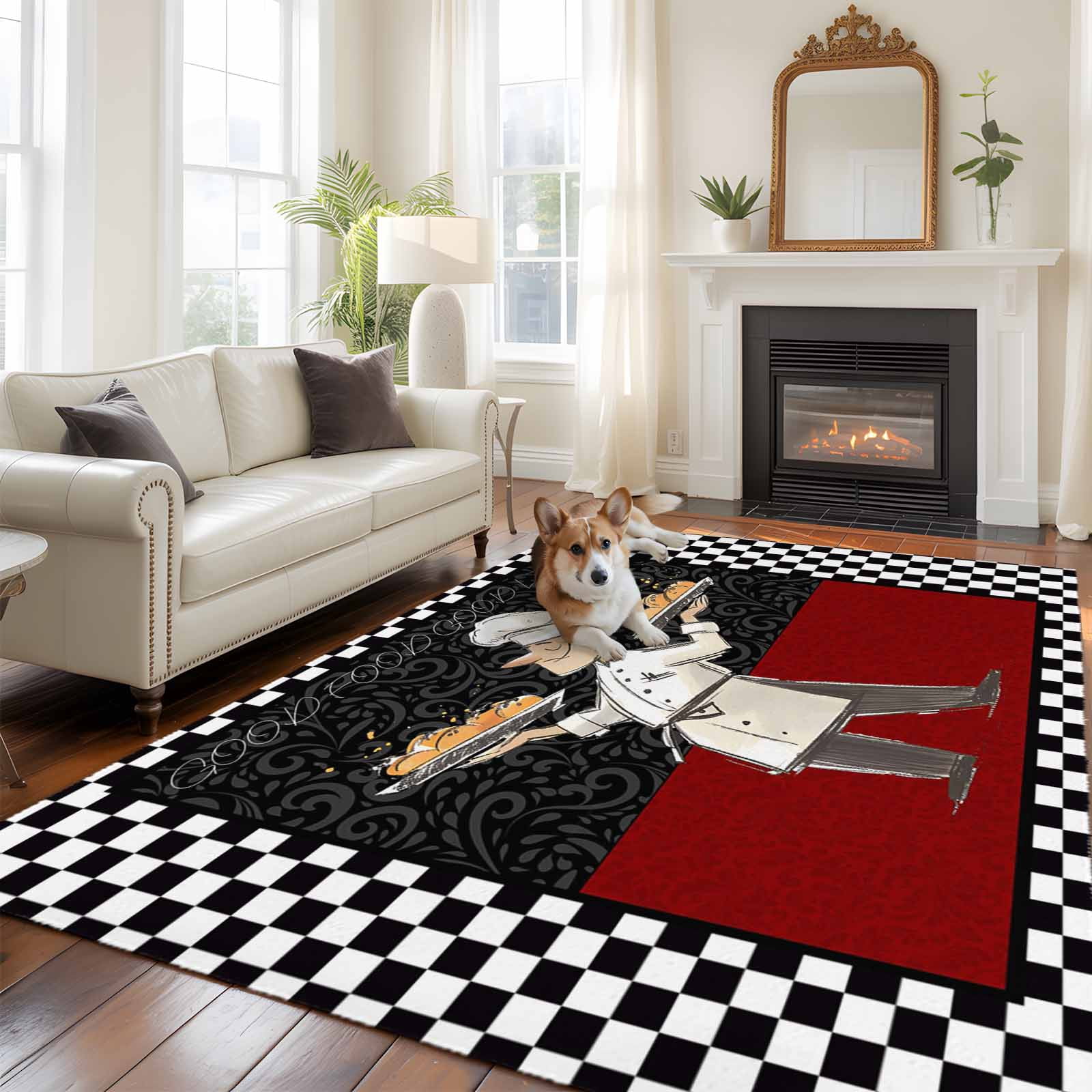 Abstract Large Area Rugs 5x8 ft Cartoon Style Chef Bread White Black ...