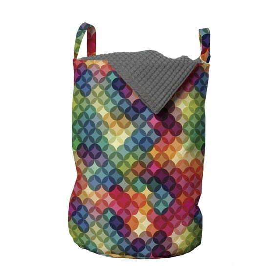 Abstract Laundry Bag, Colorful Intertwined Circles Pattern Vintage Geometric Composition Mosaic Design, Basket with Handles Drawstring Closure for Laundromats, 13" x 19", Multicolor, by Ambesonne