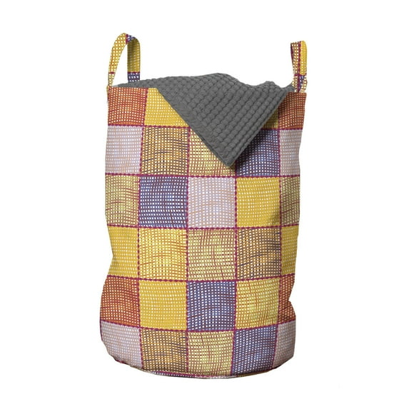 Abstract Laundry Bag, Colorful Squares with Vertical Horizontal Stripes Overlapping Plaid Inspired, Hamper Basket with Handles Drawstring Closure for Laundromats, 13" x 19", Multicolor, by Ambesonne
