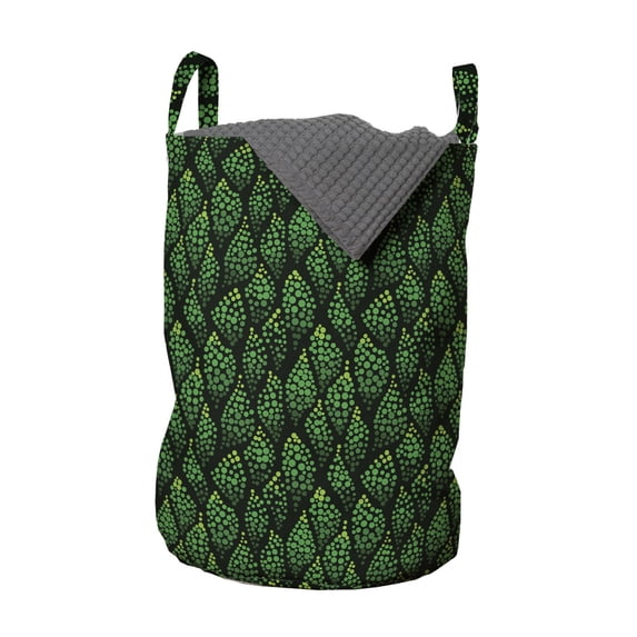 Abstract Laundry Bag, Creative Green Toned Monochrome Dotted Leaves, Hamper Basket with Handles Drawstring Closure for Laundromats, 13" x 19", Dark Green Emerald, by Ambesonne