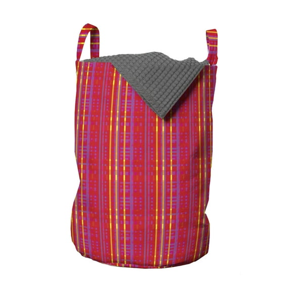 Abstract Laundry Bag, Funky Colors Contemporary Vertical and Horizontal Streaks Overlapping, Basket with Handles Drawstring Closure for Laundromats, 13" x 19", Dark Coral and Yellow, by Ambesonne