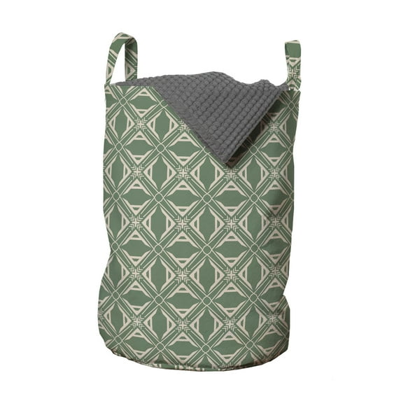 Abstract Laundry Bag, Graphical Irregular Squares Grid Like Pattern Vintage Vibes, Hamper Basket with Handles Drawstring Closure for Laundromats, 13" x 19", Reseda Green Mustard, by Ambesonne