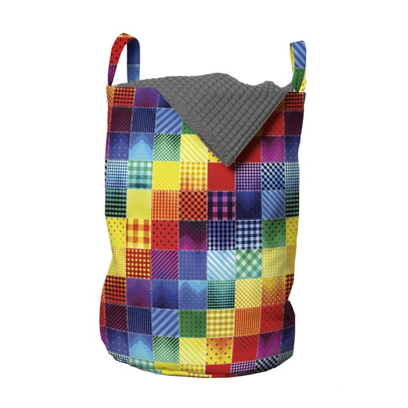 Abstract Laundry Bag, Rainbow Colored Square Shaped Diverse Patterns Diagonal Forms Geometric, Hamper Basket with Handles Drawstring Closure for Laundromats, 13" x 19", Multicolor, by Ambesonne