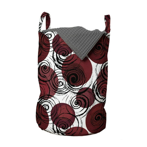 Abstract Laundry Bag, Swirling Paintbrush Streaks on Circular Motifs, Hamper Basket with Handles Drawstring Closure for Laundromats, 13" x 19", Maroon Grey, by Ambesonne