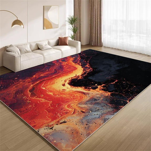Abstract Lava Area Rugs, Black Brown Burnt Orange Texture Carpet, Washable Non Slip Low Pile Soft Rug for Living Room Bedroom Playroom Decor Mat 5ftx8ft