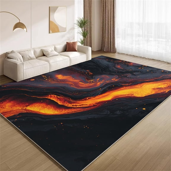Abstract Lava Area Rugs, Orange Black Magma Texture Carpet, Washable Non Slip Low Pile Soft Rug for Living Room Bedroom Study Decor Mat 3ftx4ft