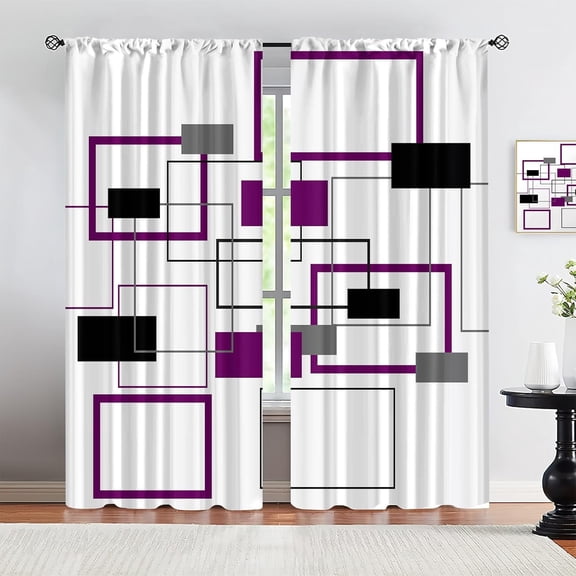 Abstract Lavender Purple Blackout Curtains & Drapes, Mid Century Modern Square Geometric Soundproof Curtains for Boys Playroom, Thermal Insulated Window Shades for Living Room Bedroom-W42xL63in