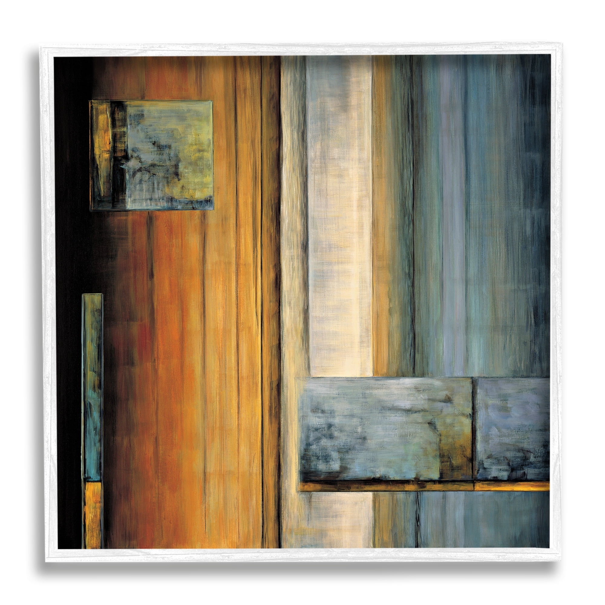 Abstract Layered Rectangular Shapes Orange White Blue Abstract Framed Art Print Wall Art, 17x17