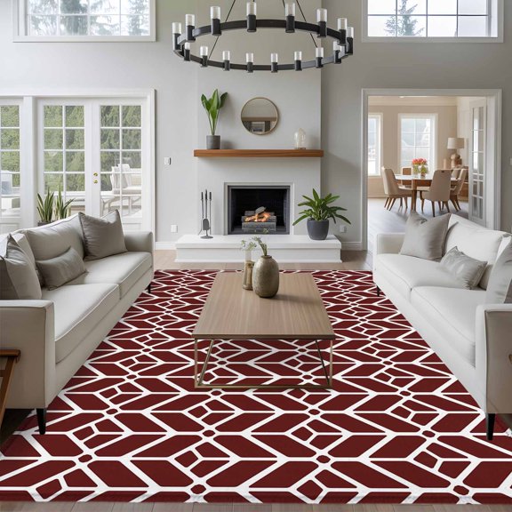 Abstract Leaf 8x10 Area Rug for Living Room Sectional Sofa, Art Abstract Geometric Red Leaves Plant Shape Washable Non Slip Large Rectangle Area Rug