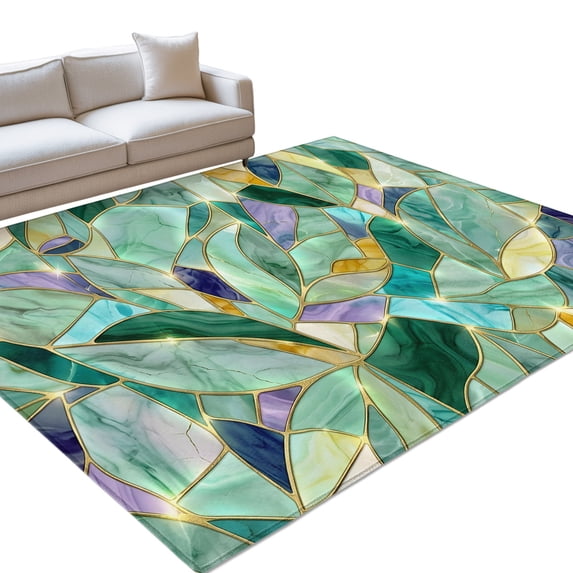 Abstract Leaf Area Rug, Crystals Gold Veins Luxury Non-Slip Felt Rubber ...
