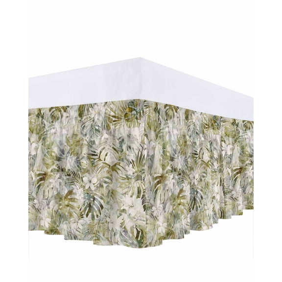 Abstract Leaf Bed Skirt Queen Size 18 Inch Drop, Spring Vintage Tropical Palm Leaves White Floral Plant Adjustable Elastic Dust Ruffles Bedskirt for Queen Bed Wrap Around Pleated Mattress Frame Cover