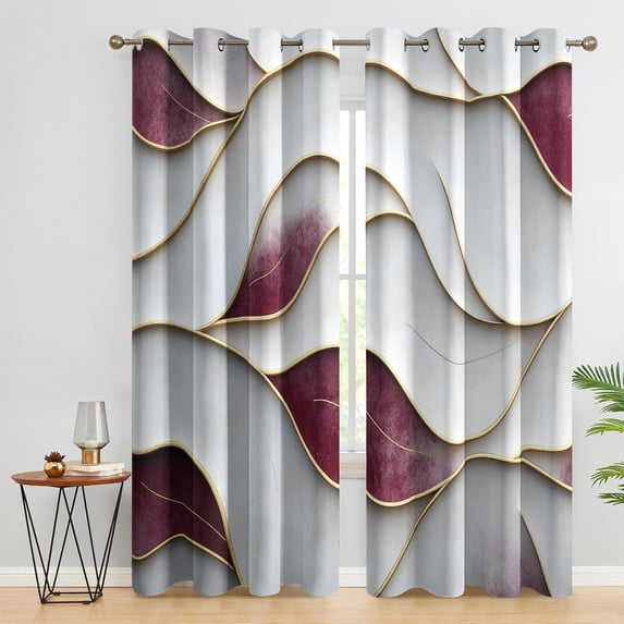 Abstract Leaf Blackout Curtains, Red White Gold Geometric Drapes for ...