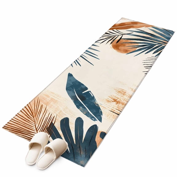 Abstract Leaf Boho Sun Non-Slip Non-Shedding Floor Mat, Orange Color Block Nordic Style Washable Sturdy Carpet for Living Room Bedroom Home Decor