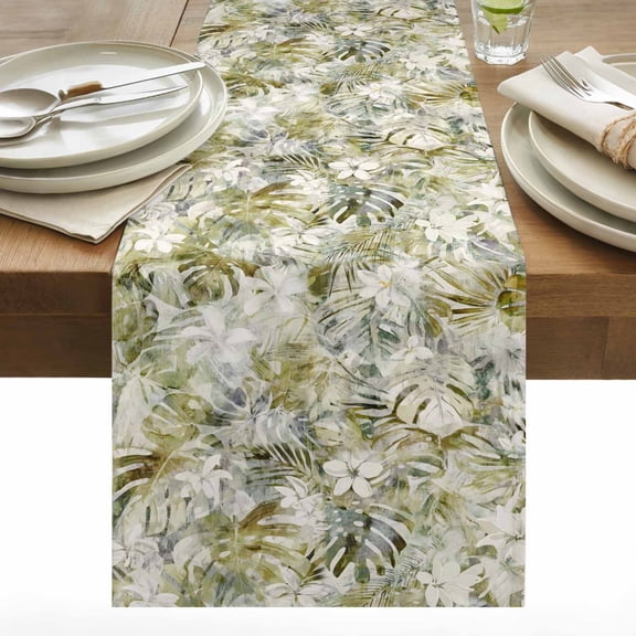 Abstract Leaf Cotton Linen Table Runner Spring Vintage Tropical Palm Leaves White Floral Plant Dining Table Runners for Home Decor Party Dining Room Restaurant Kitchen 13" x 60"