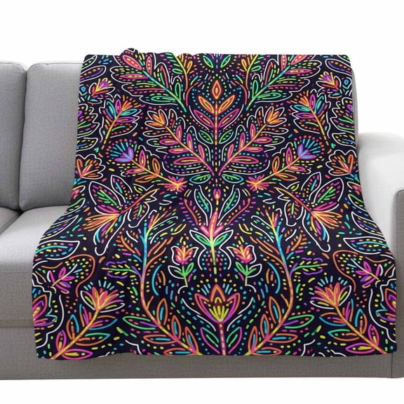 Abstract Leaf Fleece Throw Blanket Lightweight Retro Abstract Colorful Lines Leaves Black Fuzzy Flannel Throws Super Soft Cozy Flannel Blanket for Couch, Sofa, Bed, Travel 40"x50"