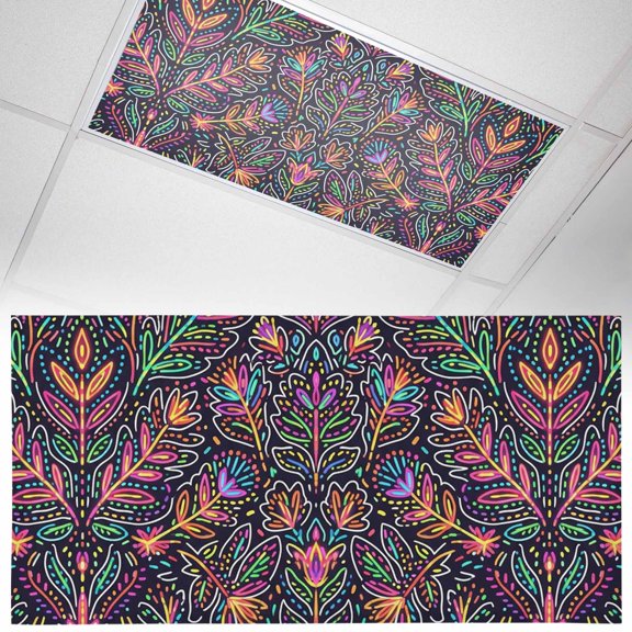 Abstract Leaf Fluorescent Light Covers Retro Abstract Colorful Lines Leaves Black Magnetic Light Filters Ceiling Lighting Panel Shade for Classroom Office Home 2 x 4 ft, 1 Pack
