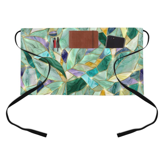 Abstract Leaf Kitchen Restaurant Half Waist Apron, Crystals Gold Veins Luxury Server Short Apron with 3 Pockets Waterproof Oil Waist Aprons for Women Waitress Waiter