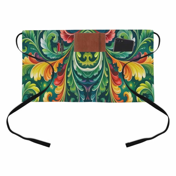 Abstract Leaf Kitchen Restaurant Half Waist Apron, Green Yellow Red Leaf Fireflies Summer Plant Server Short Apron with 3 Pockets Waterproof Oil Waist Aprons for Women Waitress Waiter