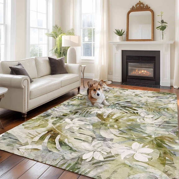 Abstract Leaf Large Area Rugs 5x8 ft Spring Vintage Tropical Palm Leaves White Floral Plant Washable Rug Non Slip Indoor Carpet Absorbent Floor Mat for Living Room Bedroom Dining Room