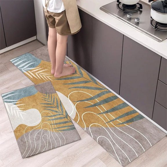 Abstract Leaf Printed Oil Floor Mat Small Fresh Long Area Kitchen Floor Mat Easy To Handle Geometric Floor Mat Balcony Entrance