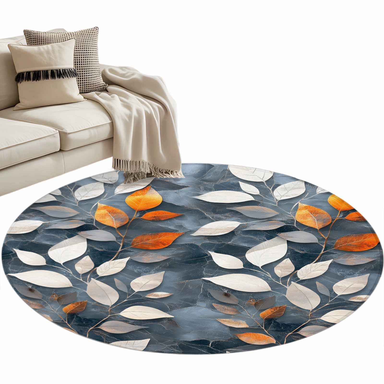 Abstract Leaf Round Area Rug 4ft Silhouette Gold White Leaves Non-Slip ...