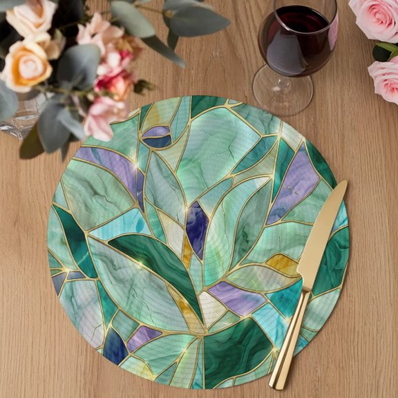 Abstract Leaf Round Braided Placemats Set of 2, Crystals Gold Veins Luxury Heat Insulation Place Mats Washable Non-Slip Table Mats for Kitchen Dining Party, 13 Inches