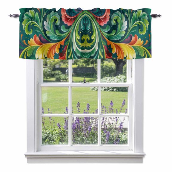 Abstract Leaf Valances for Windows Green Yellow Red Leaf Fireflies Summer Plant Rod Pocket Cafe Window Treatments Valance Curtains for Kitchen Bathroom Laundry Basement Windows 42"x12"