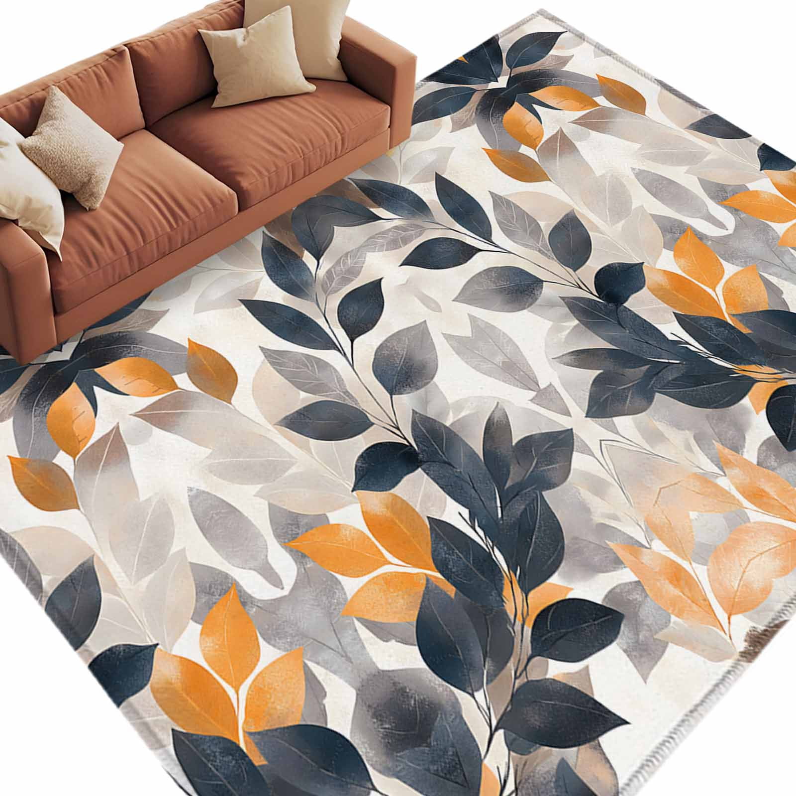 Abstract Leaves Area Rug 5x8ft Silhouette Gold Black Leaf Non-Slip ...