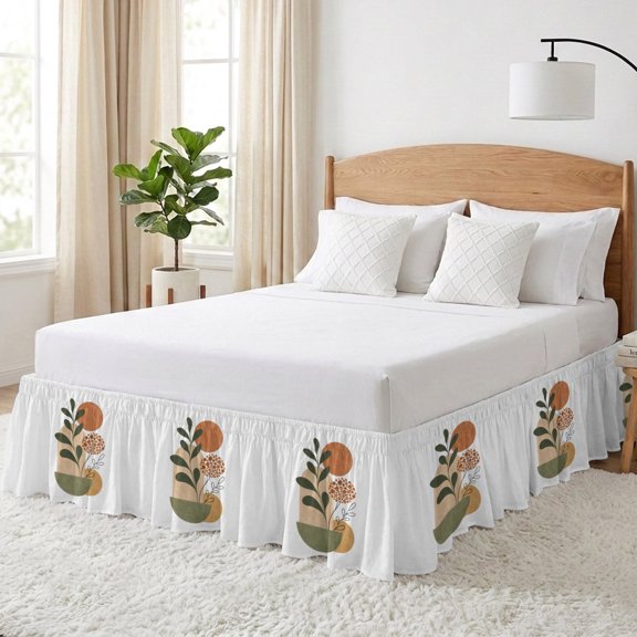 Abstract Leaves Bed Skirt Queen Size 16 Inch Drop, Modern Boho Terracotta Arch Terracotta Sun Adjustable Elastic Dust Ruffles Bedskirt for Queen Bed Wrap Around Pleated Mattress Frame Cover