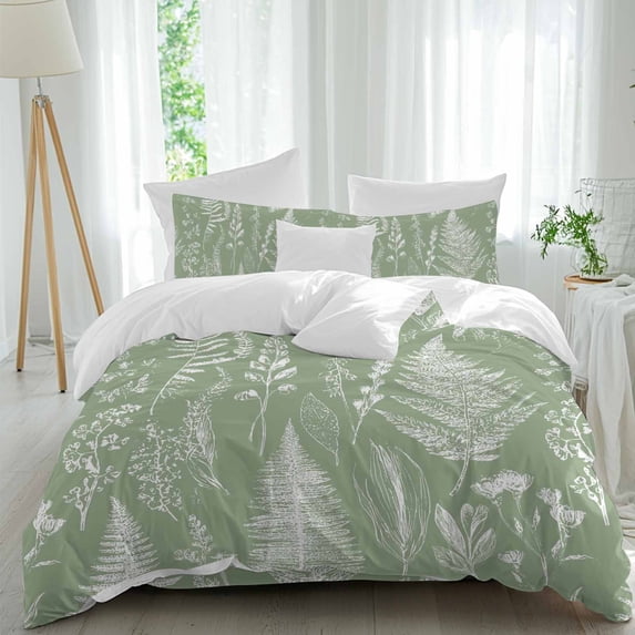 Abstract Leaves Duvet Cover Set Full Size, Sage Green Background Plant ...