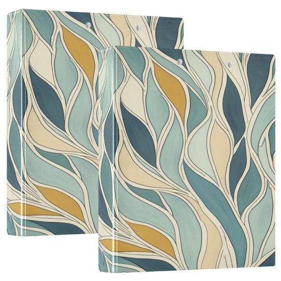 Abstract Leaves Pattern Design 12.4x10.6in PVC Round Ring Binders, 2-Pack, D-Ring 3-Hole, Metal Clip