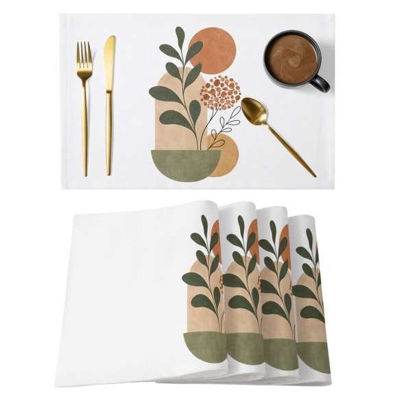 Abstract Leaves Placemats Set of 2, Modern Boho Terracotta Arch Terracotta Sun Heat Insulated Linen Place Mats, Washable Stain-Proof Table Mats for Dining Tables Holiday Decor 13x19 Inches